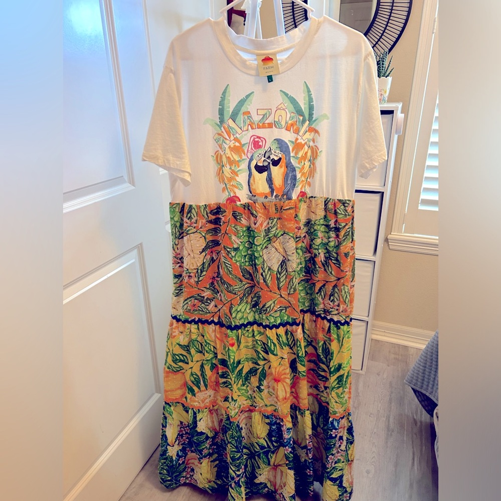 Anthropologie Farm Rio tiered dress with graphs T-shirt at the top. Size L.